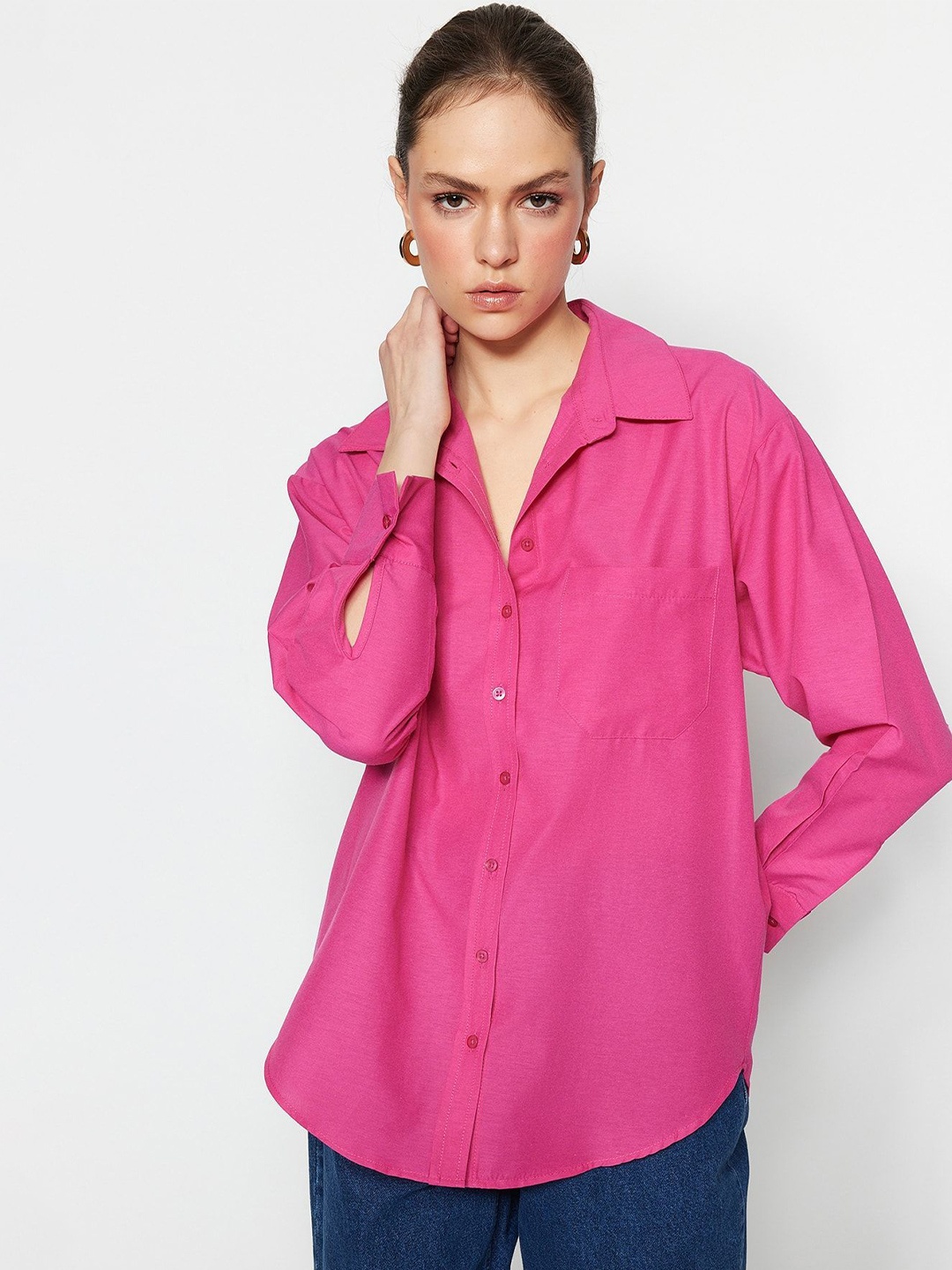 

WHY SO FAB Women Comfort Oversized Fit Spread Collar Solid Cotton Casual Shirt, Pink
