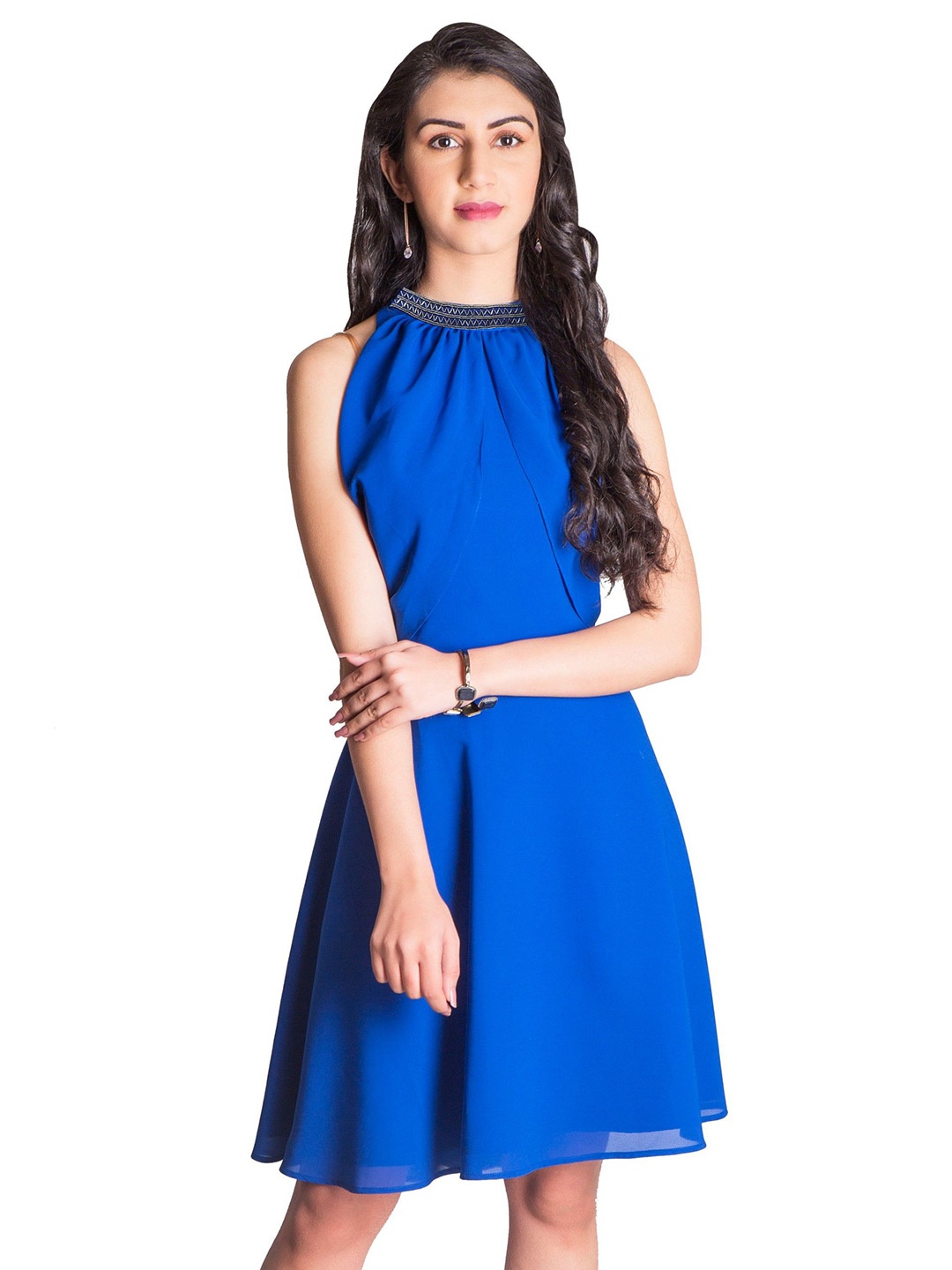 

DELIS Choker Neck Georgette Fit & Flare Dress, Blue