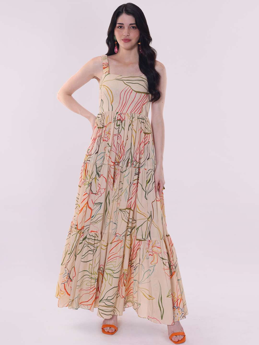 

POPPI Floral Print Maxi Dress, Beige