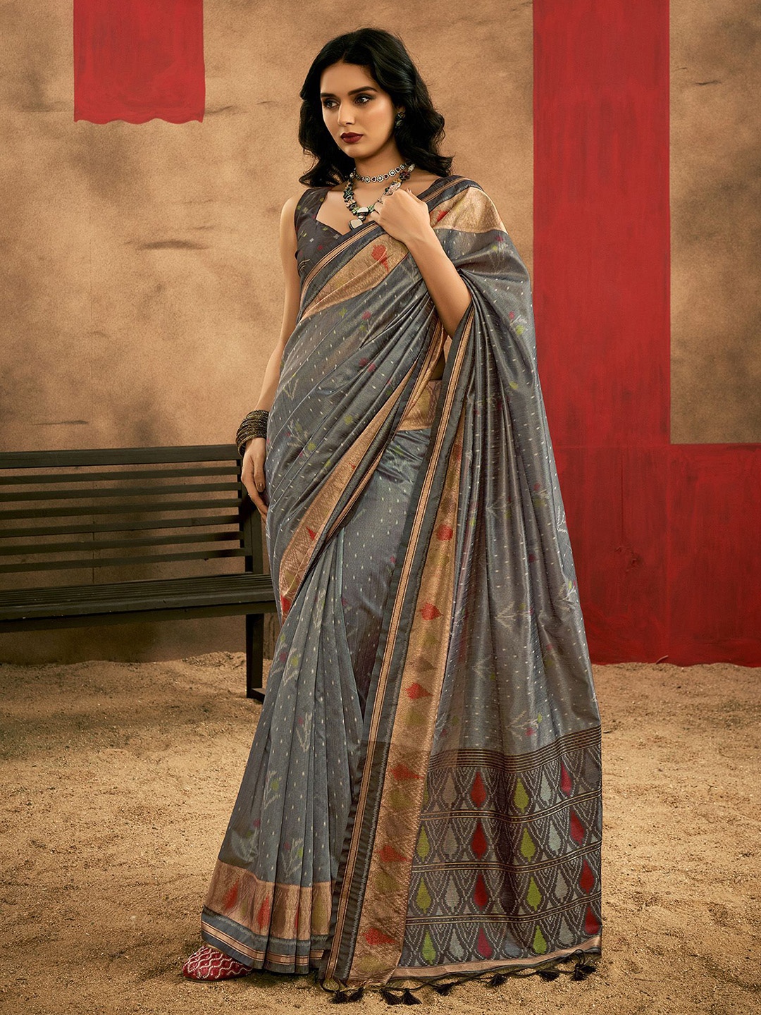 

elora Ethnic Motifs Woven Design Zari Patola Saree, Grey