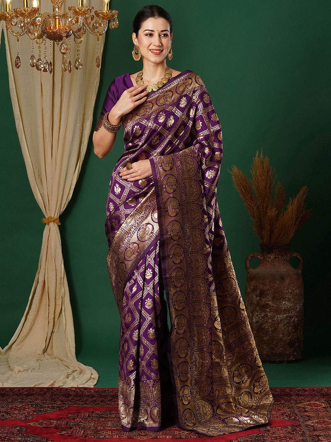 

KALINI Ethnic Motifs Zari Banarasi Saree, Magenta