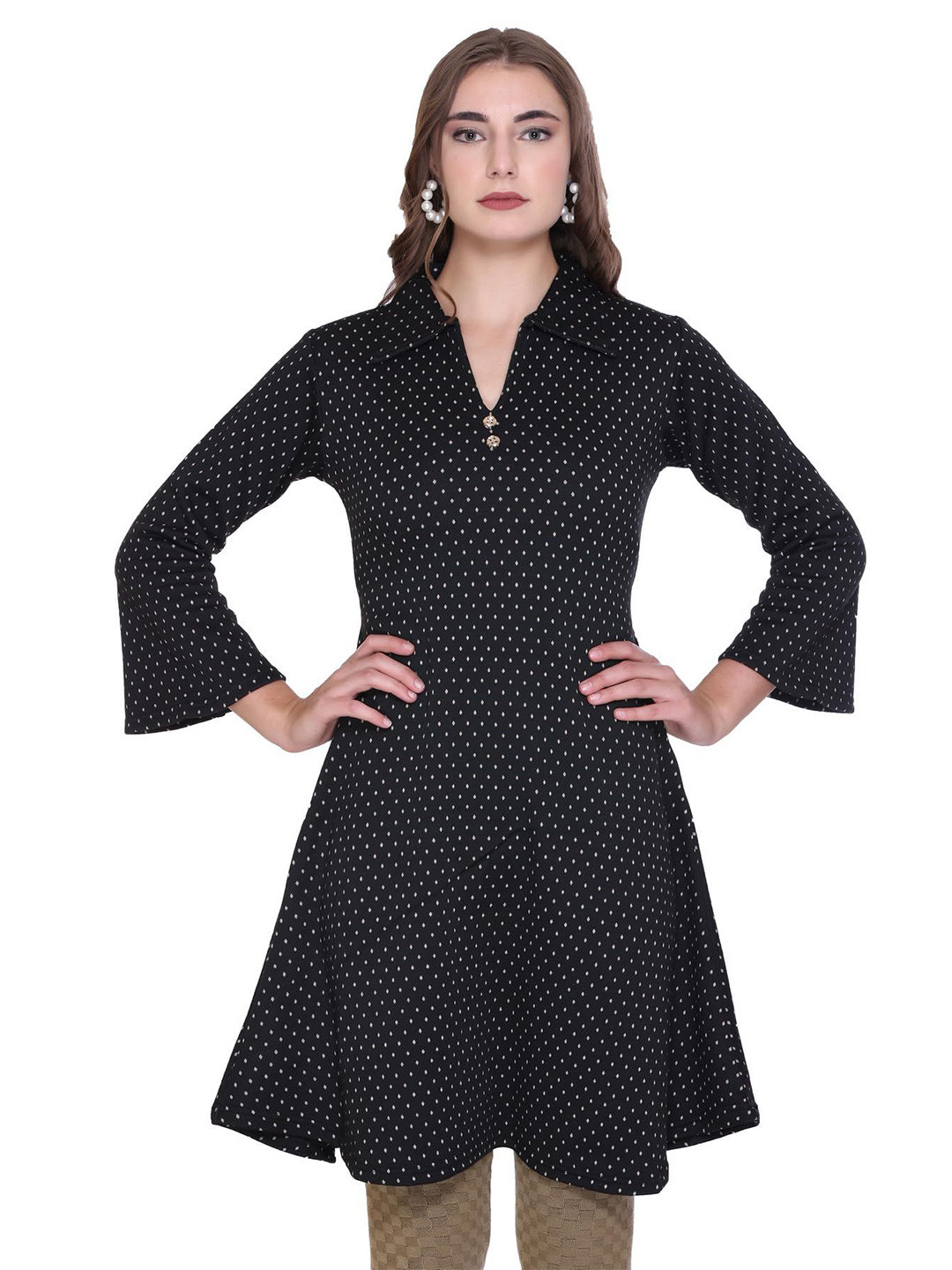 

ROSARY Winter Ethnic Motifs Shirt Collar Acrylic Jacquard Kurti, Black