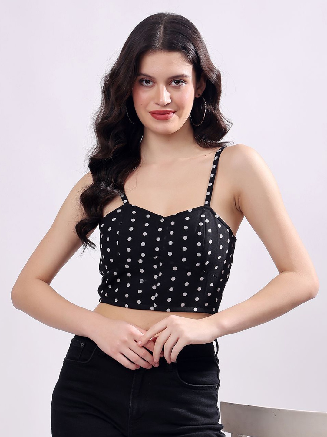 

T TRYON ULTIMATE Polka Dot Sweetheart Neck Georgette Crop Top, Black