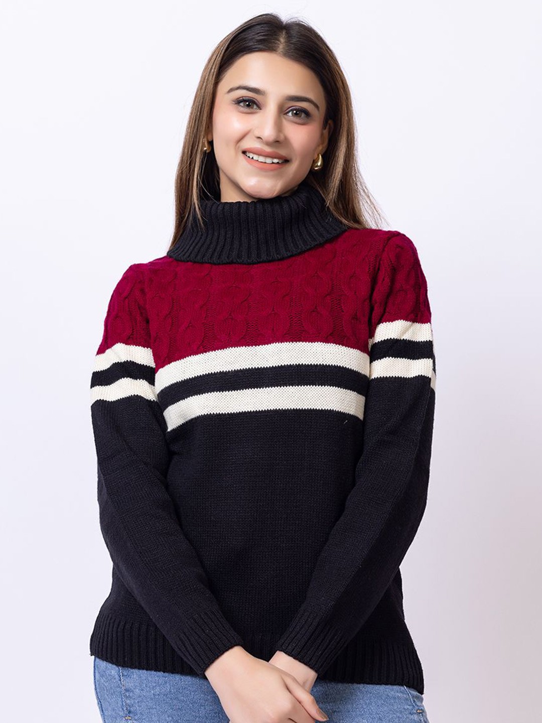 

all about you Women Turtle Neck Striped Pullover, Black