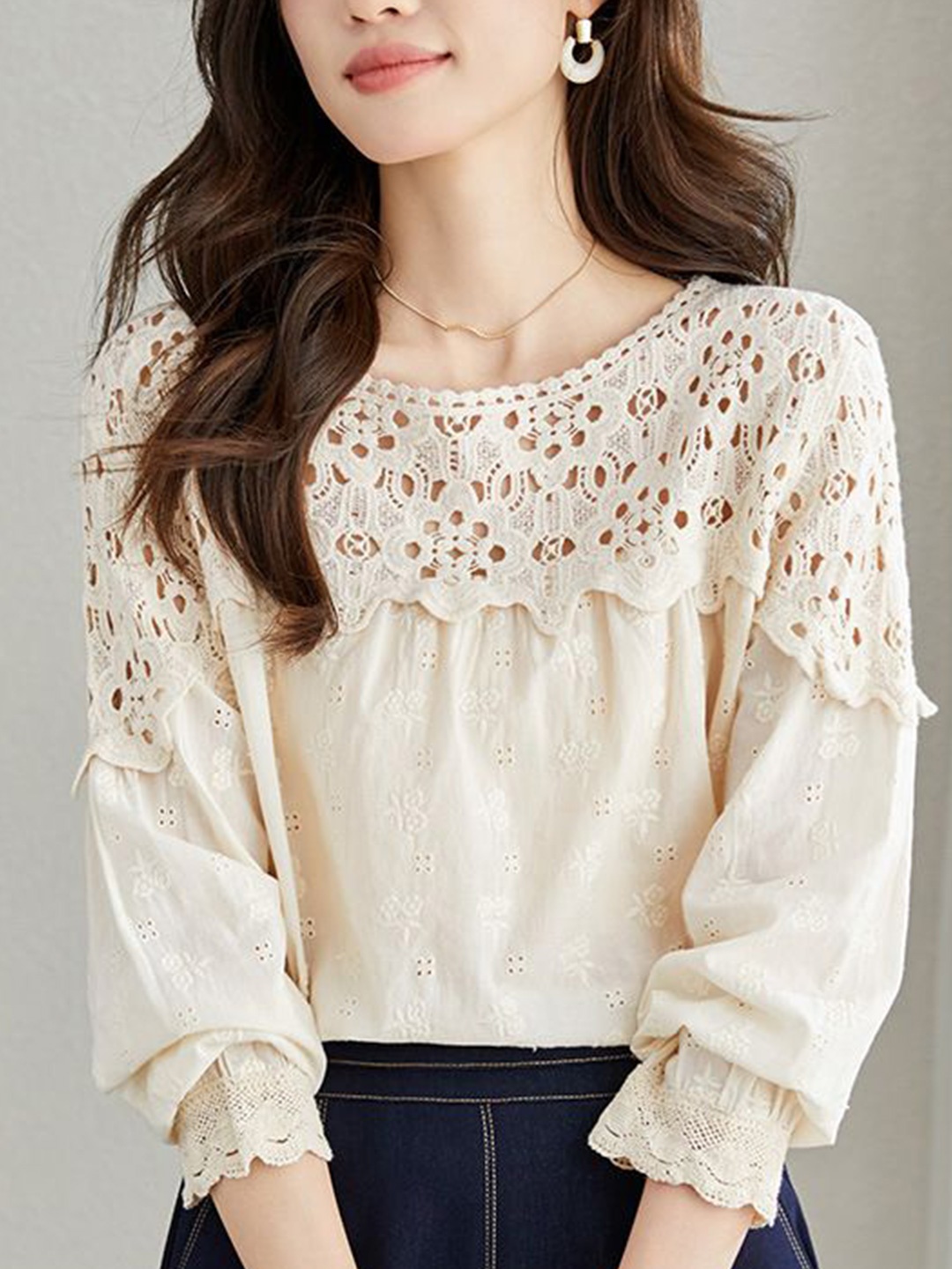 

StyleCast Cotton Schiffli Self Design Round Neck Long Sleeves Top, Beige