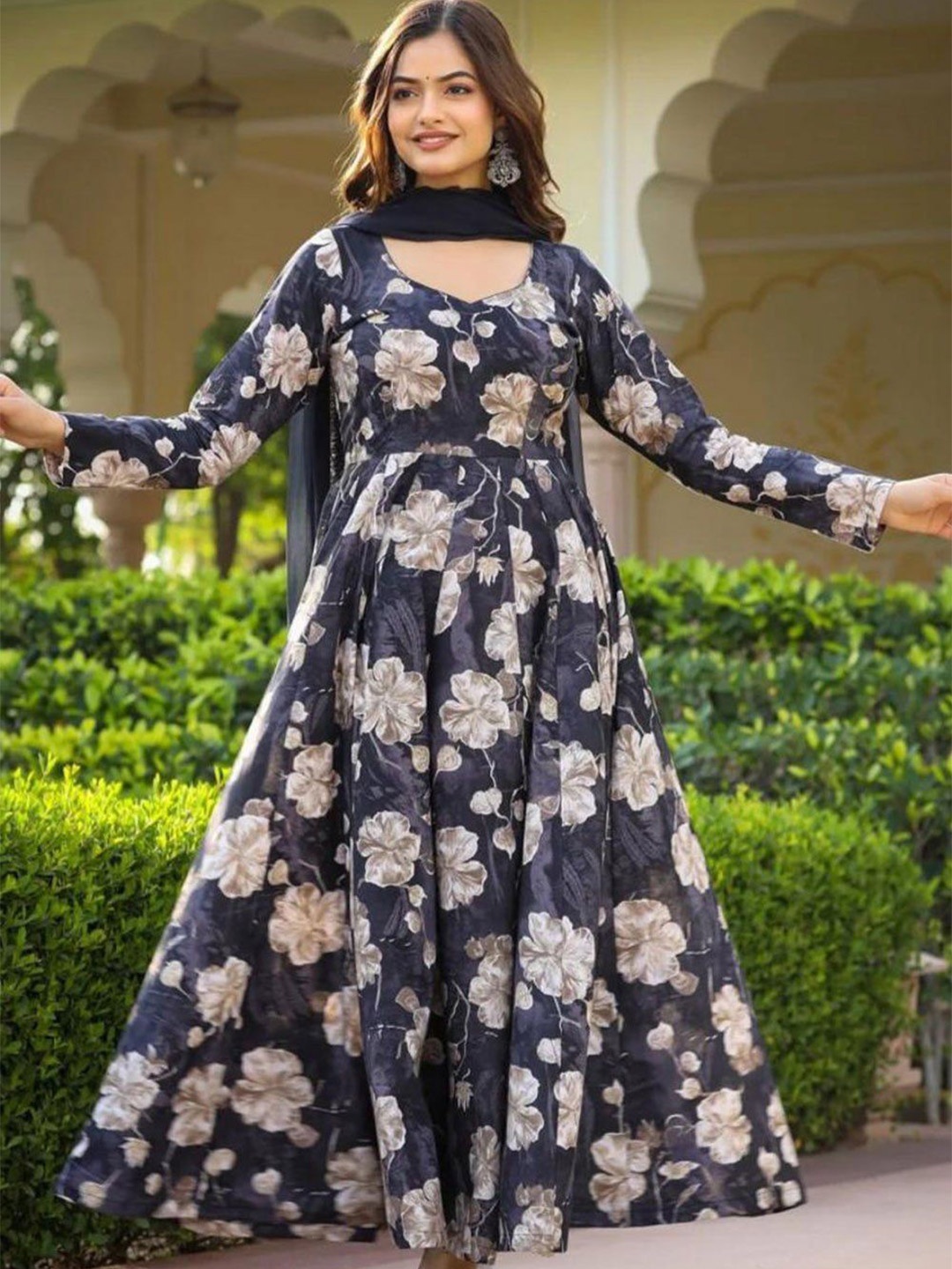 

LookMark Printed Georgette Flared Anarkali Ethnic Dress With Dupatta, Black