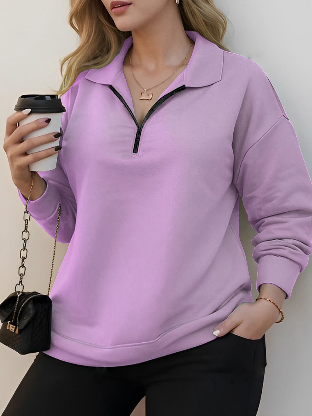 

kintu parantu Women Shirt Collar Sweatshirt, Lavender