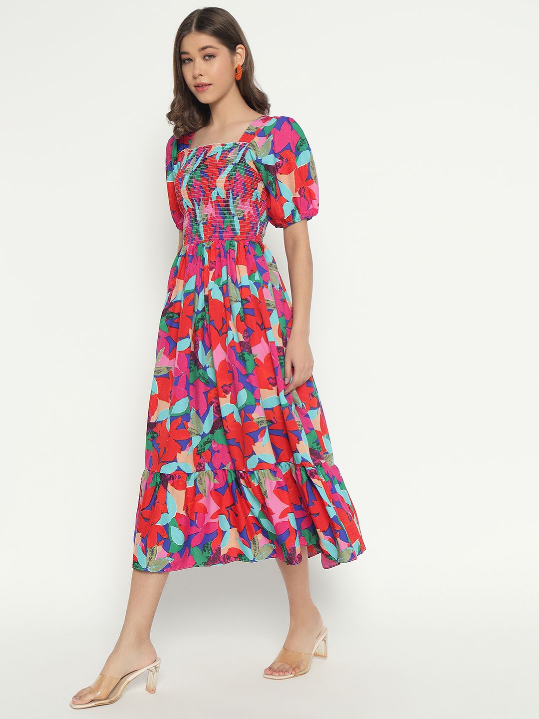 

Femvy Women Floral Printed Fit & Flare Midi Dress, Red