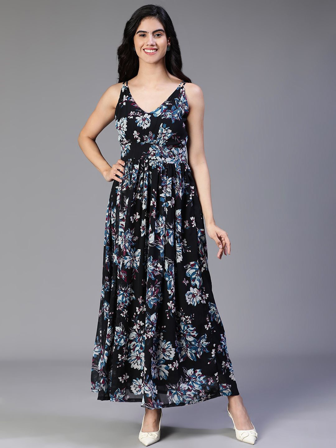 

VEGAL Women Print Fit & Flare Maxi Dress, Black