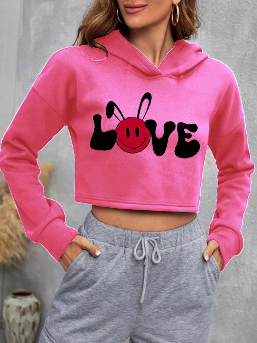 

kintu parantu Women Printed Hooded Crop Sweatshirt, Pink