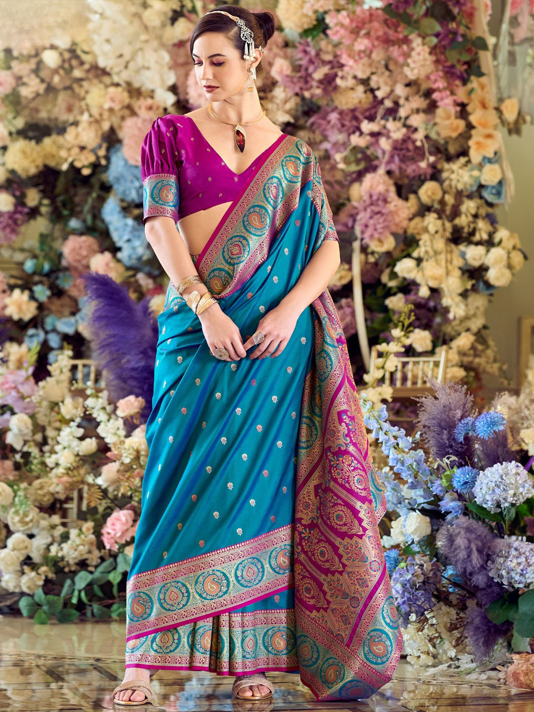 

MySilkLove Woven Design Zari Silk Blend Banarasi Saree, Blue