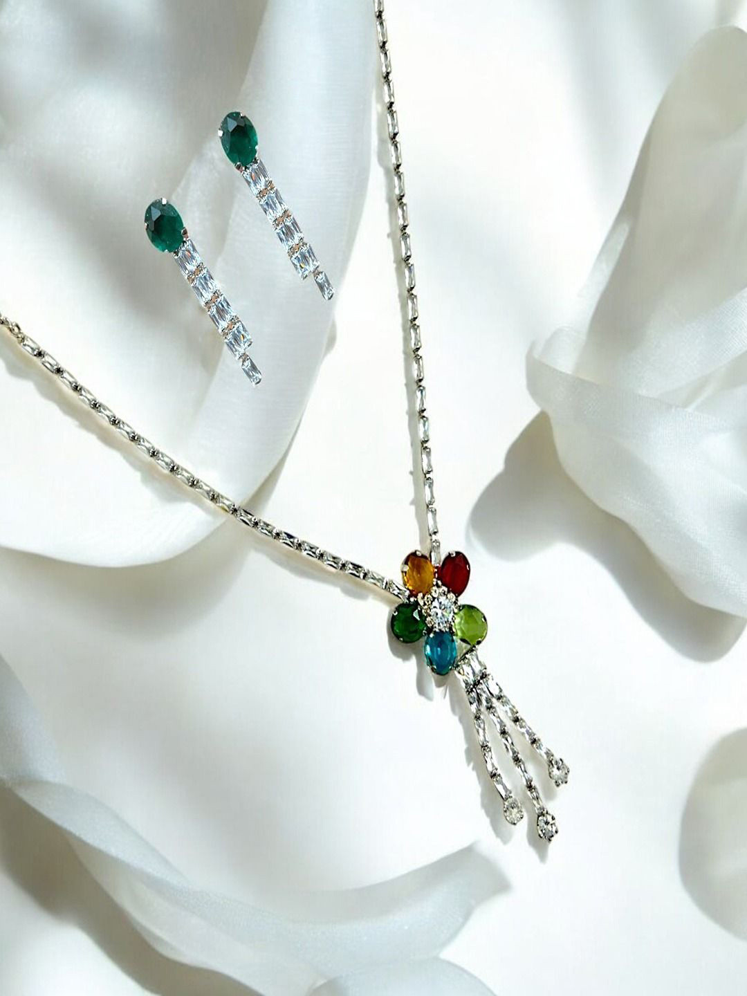 

AccessHer Brass-Plated American Diamond-Studded Necklace and Earrings, Silver
