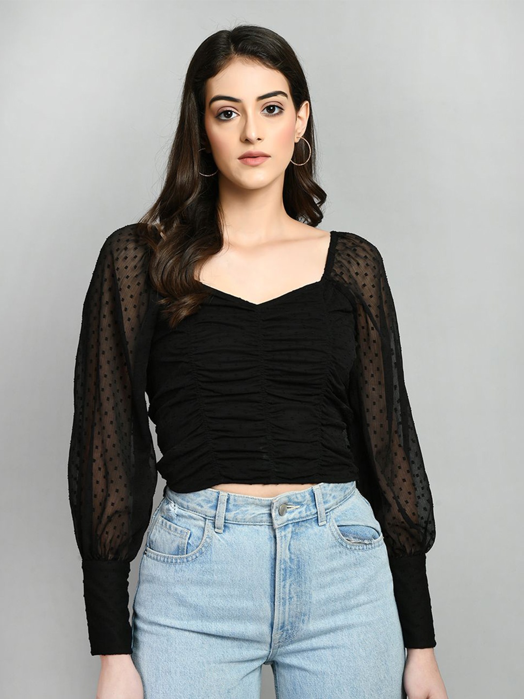 

DressBerry Sweetheart Neck Chiffon Crop Top, Black