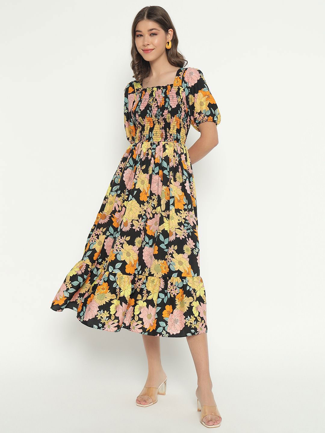 

Raiyani Enterprise Women Floral Printed Puff Sleeves Fit & Flare Midi Dress, Yellow