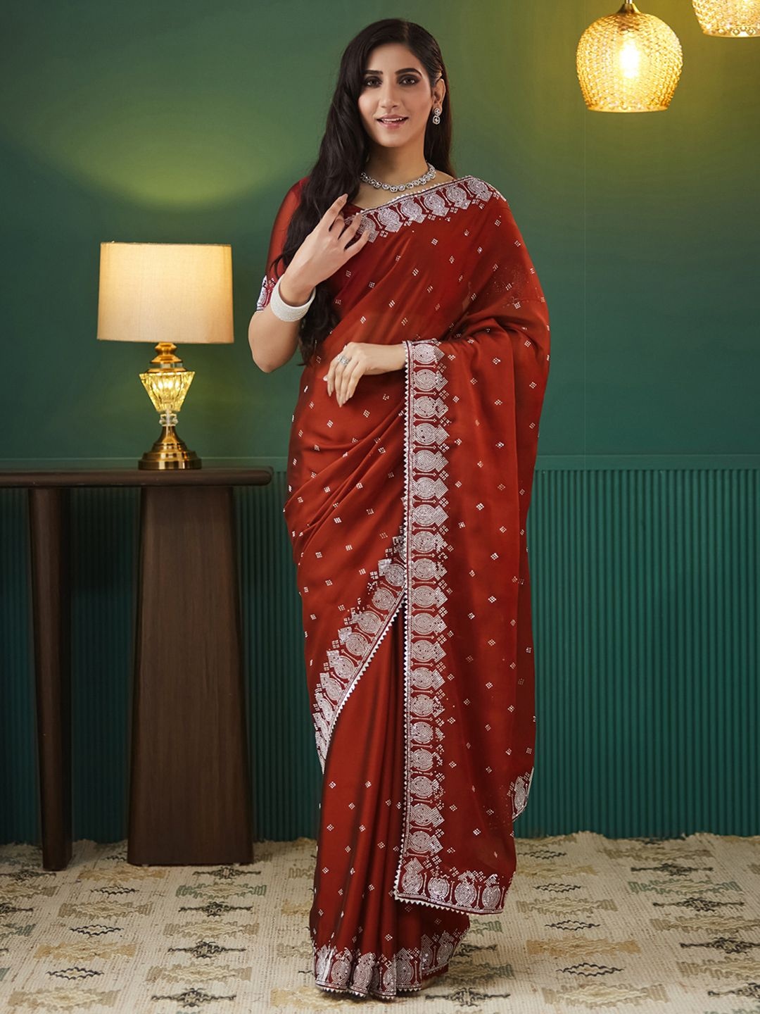 

Satrani Embellished Beads and Stones Pure Georgette Saree, Rust