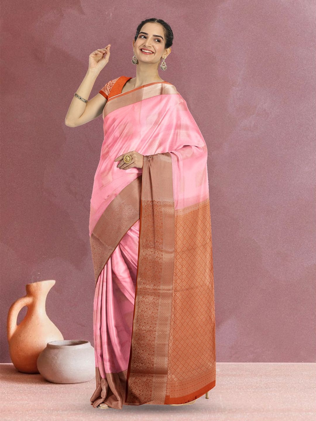 

Avishya Woven Design Zari Silk Blend Kanjeevaram Saree, Pink