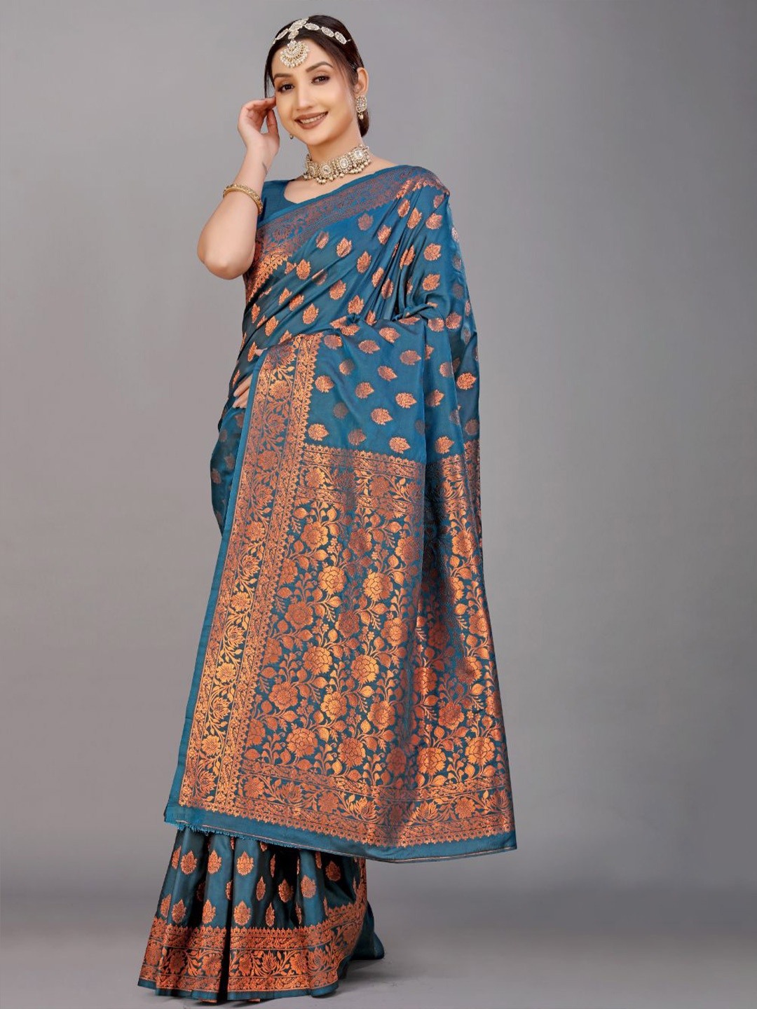 

Royal Rajgharana Saree Ethnic Motifs Zari Pure Silk Banarasi Sarees, Teal