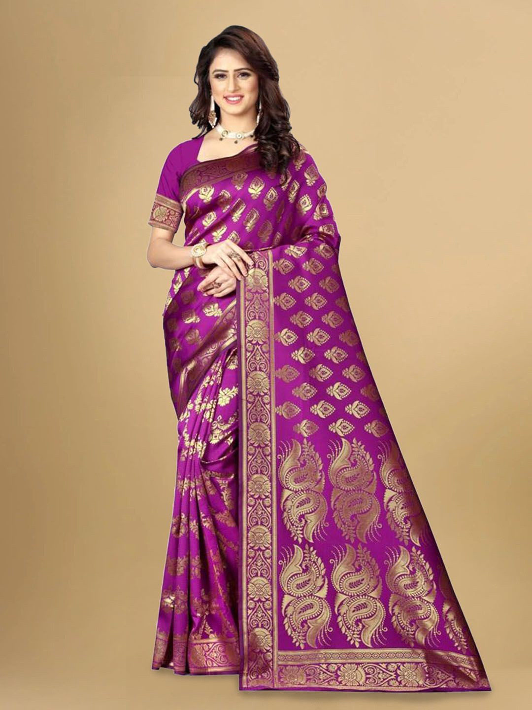 

KALINI Floral Zari Banarasi Saree, Purple