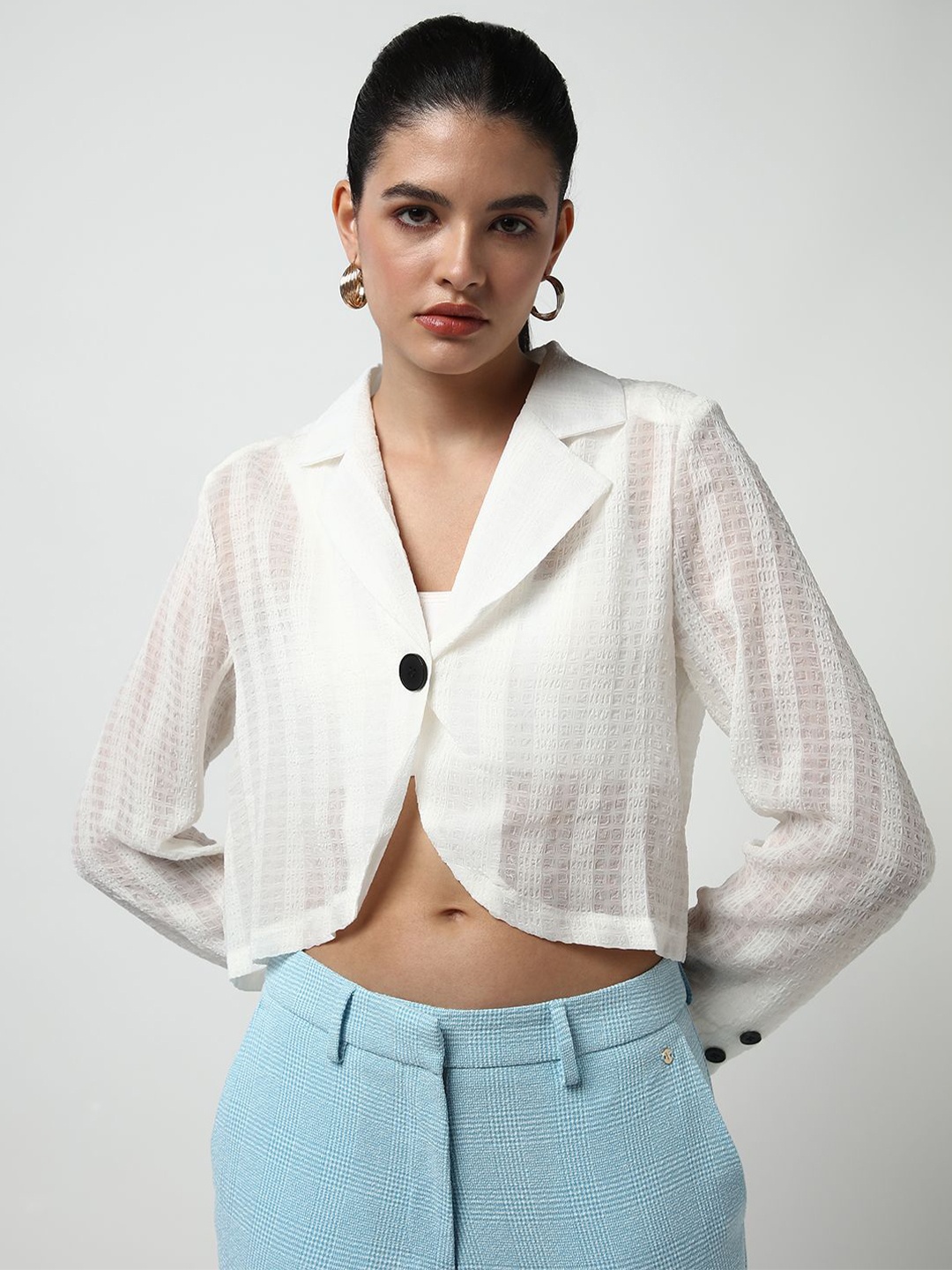 

SHOWOFF Women Lapel Collar Cotton Shirt Style Crop Top, Off white