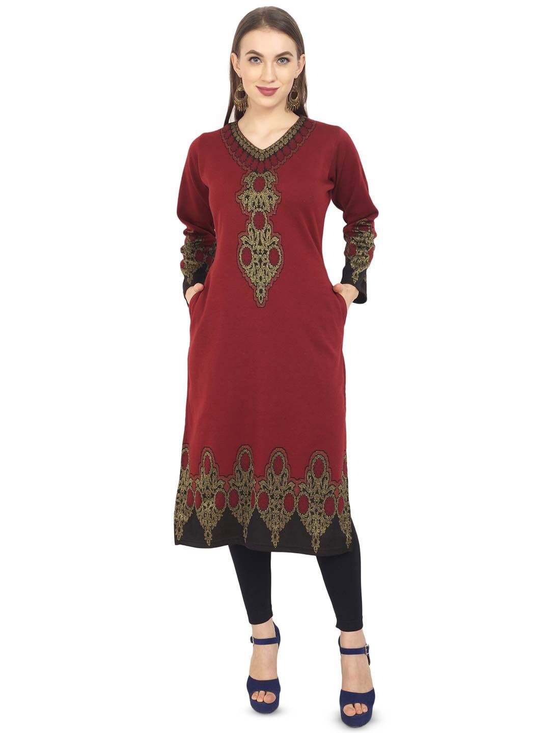 

ROSARY Winter Women Woven Design Woolen Kurta With Pockets, Maroon