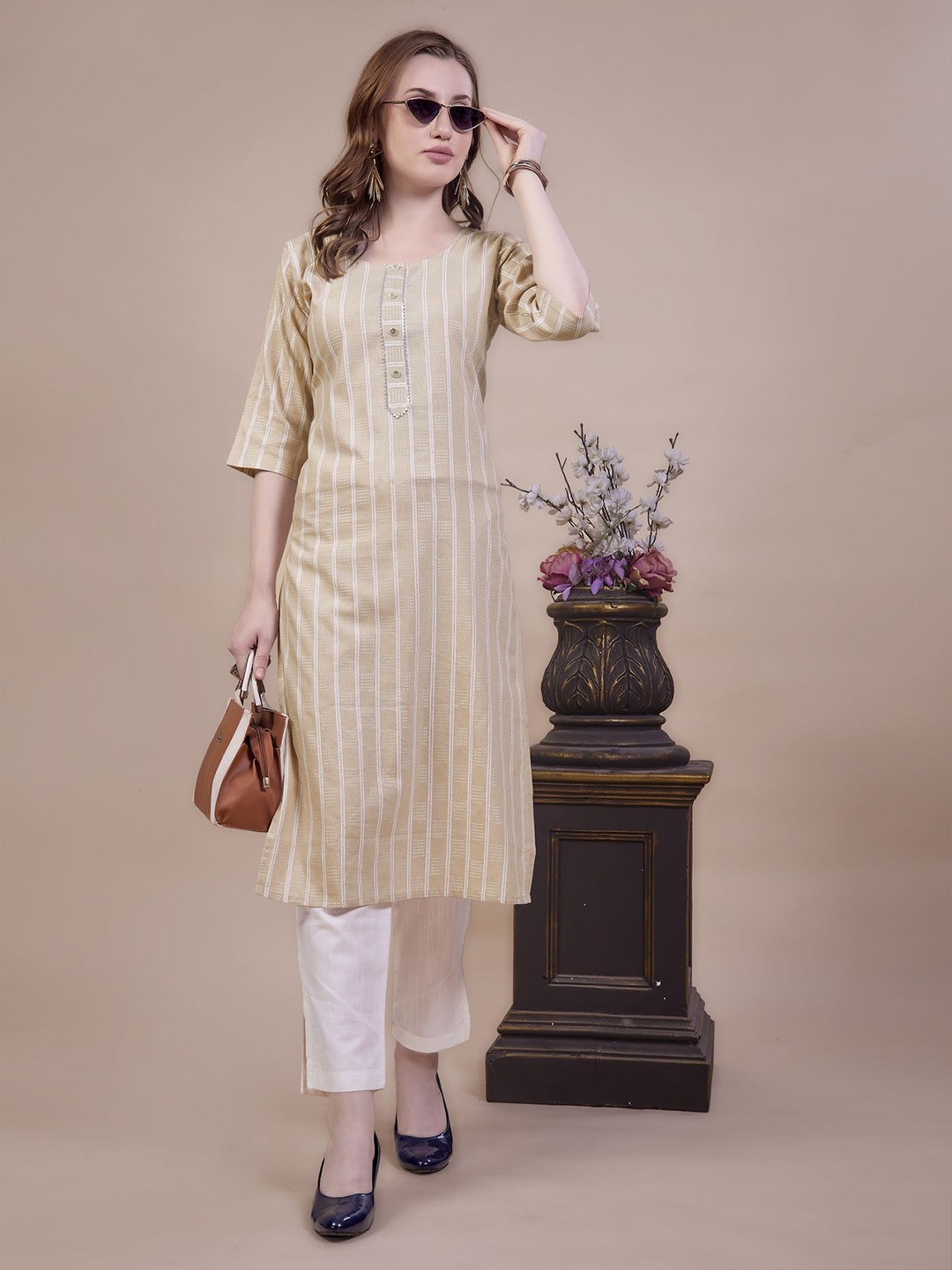 

Krimmple Women Round Neck Striped Printed Kurta, Beige