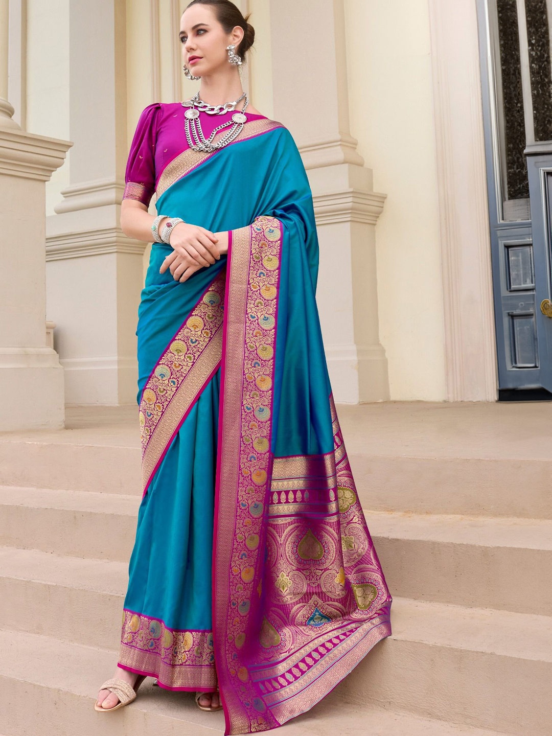 

MySilkLove Zari Silk Blend Banarasi Saree, Blue