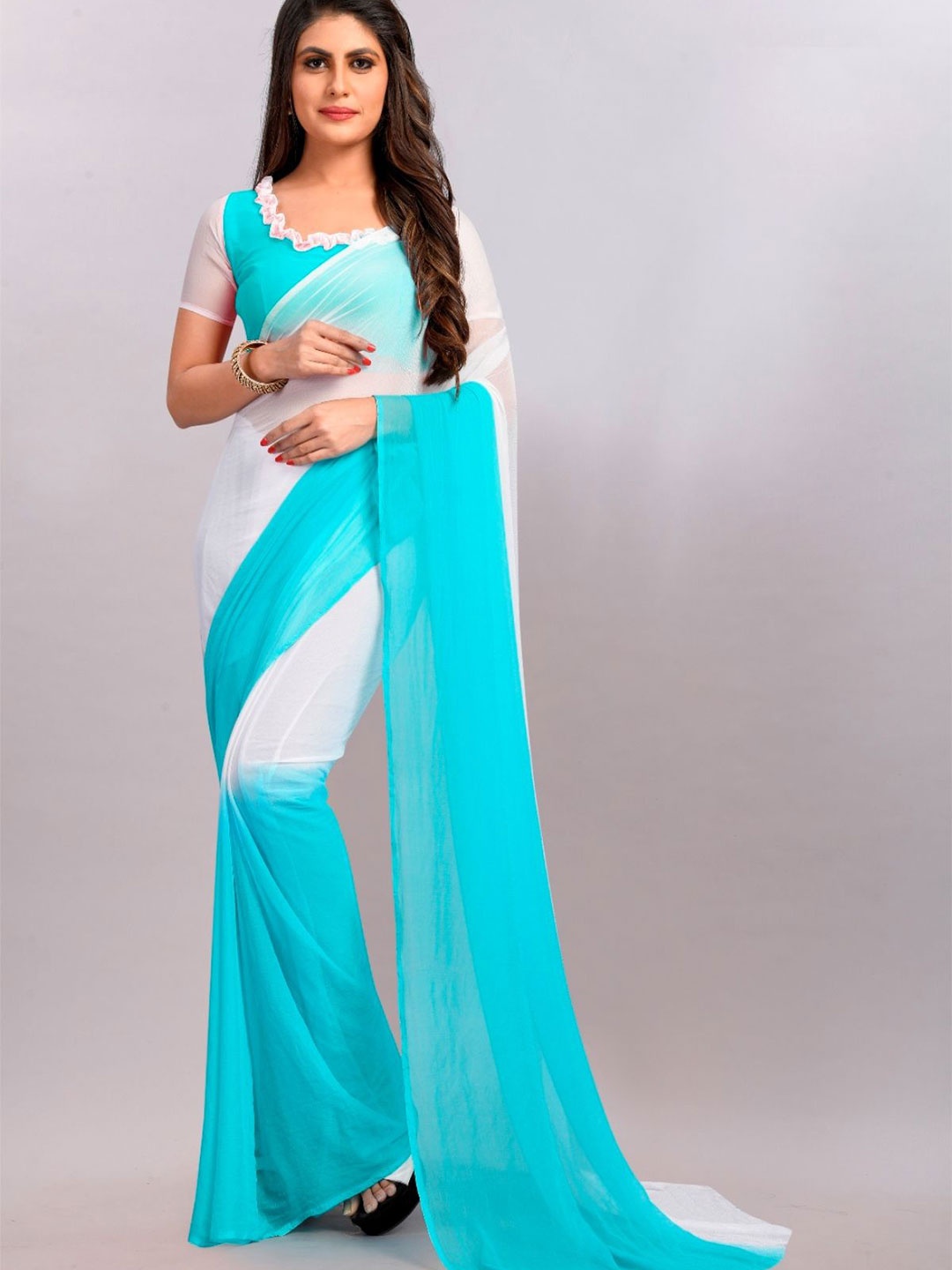 

A TO Z CART Colourblocked Pure Chiffon Half and Half Saree, Blue