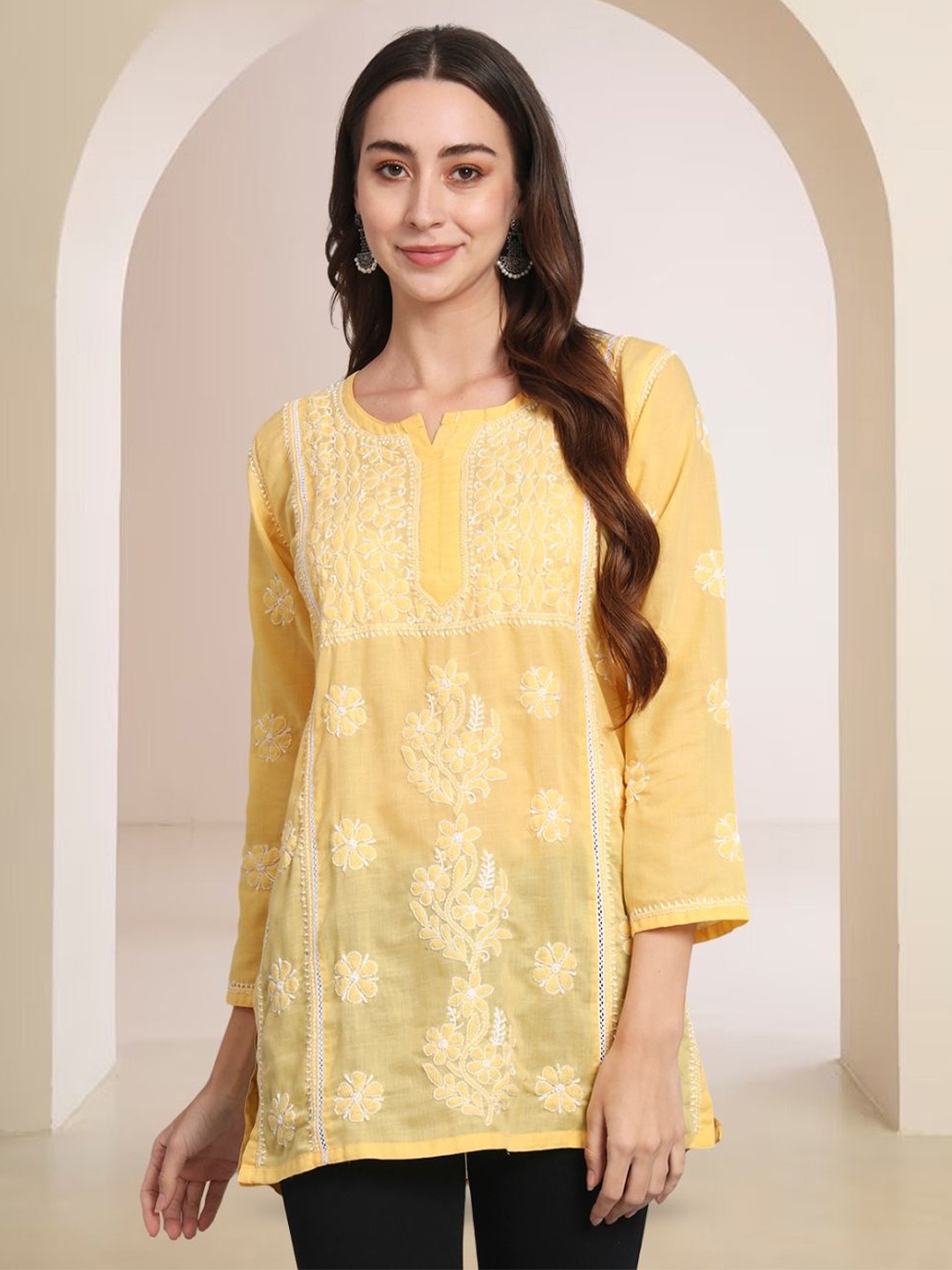 

PARAMOUNT CHIKAN Hand Embroidered Lucknowi Chikankari Kurti, Yellow