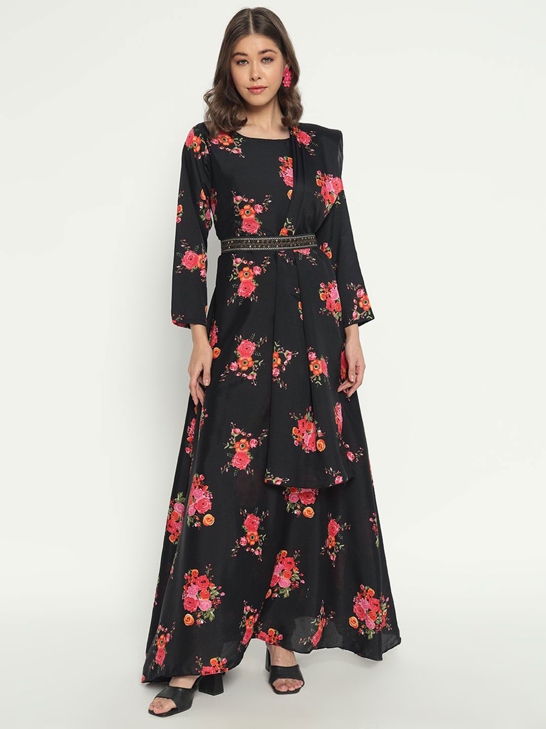 

Krunal Raiyani Women Floral Printed Maxi Dress with a Belt, Black