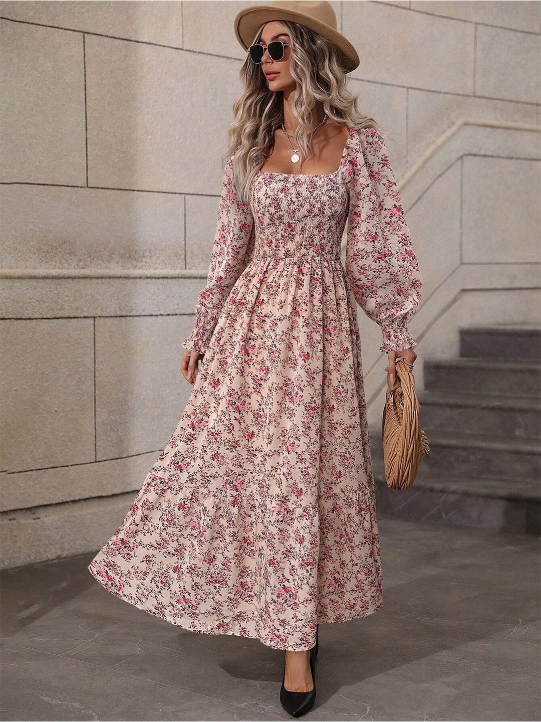 

StyleCast Floral Print Smocked Satin Maxi Dress, Beige