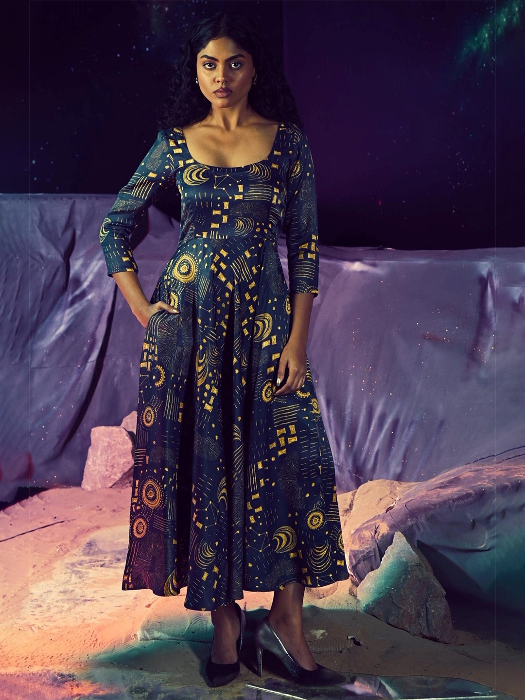 

Baise Gaba Floral Satin Fit & Flare Midi Dress, Navy blue