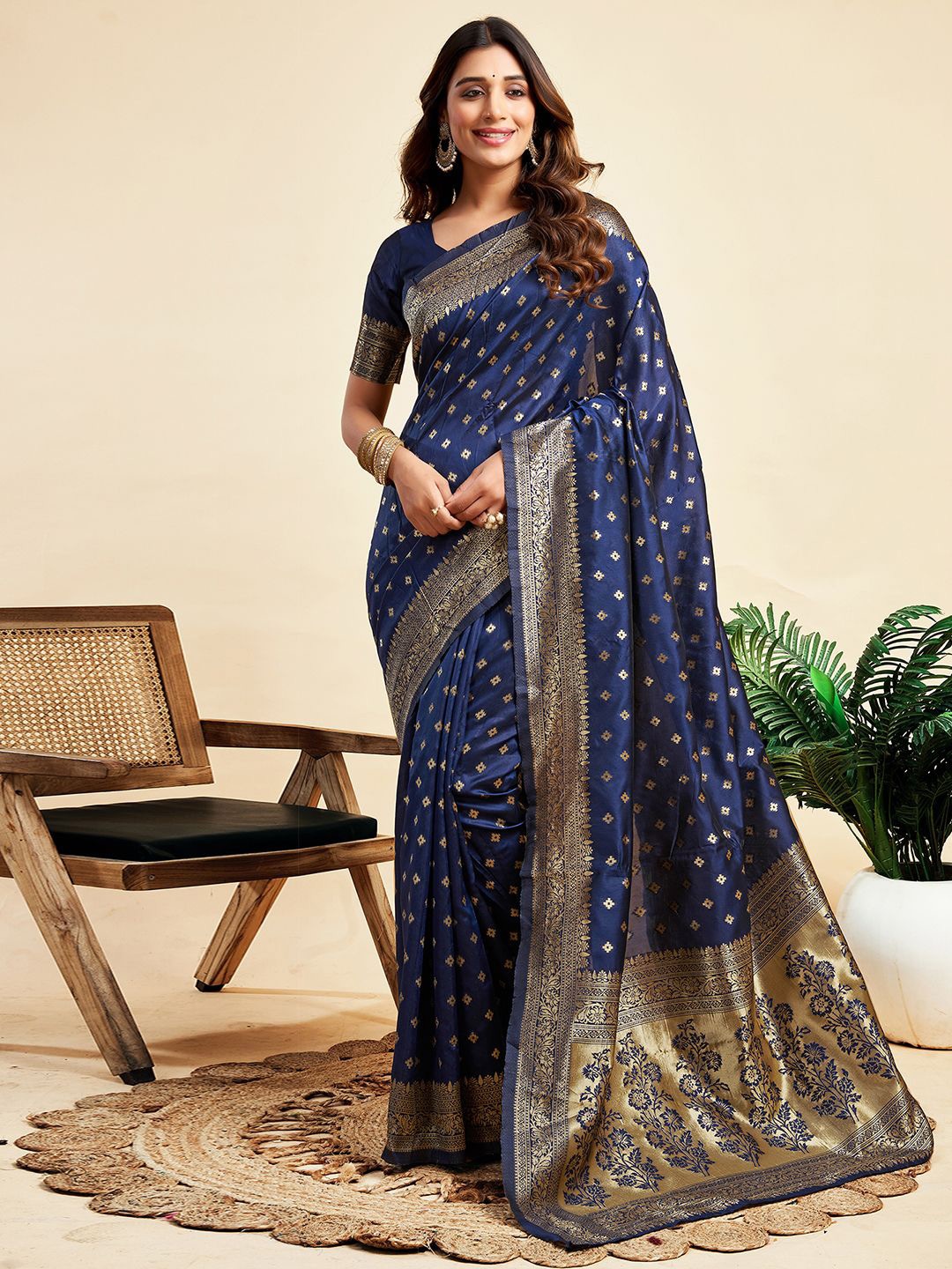 

KALINI Ethnic Motifs Zari Banarasi Saree, Navy blue