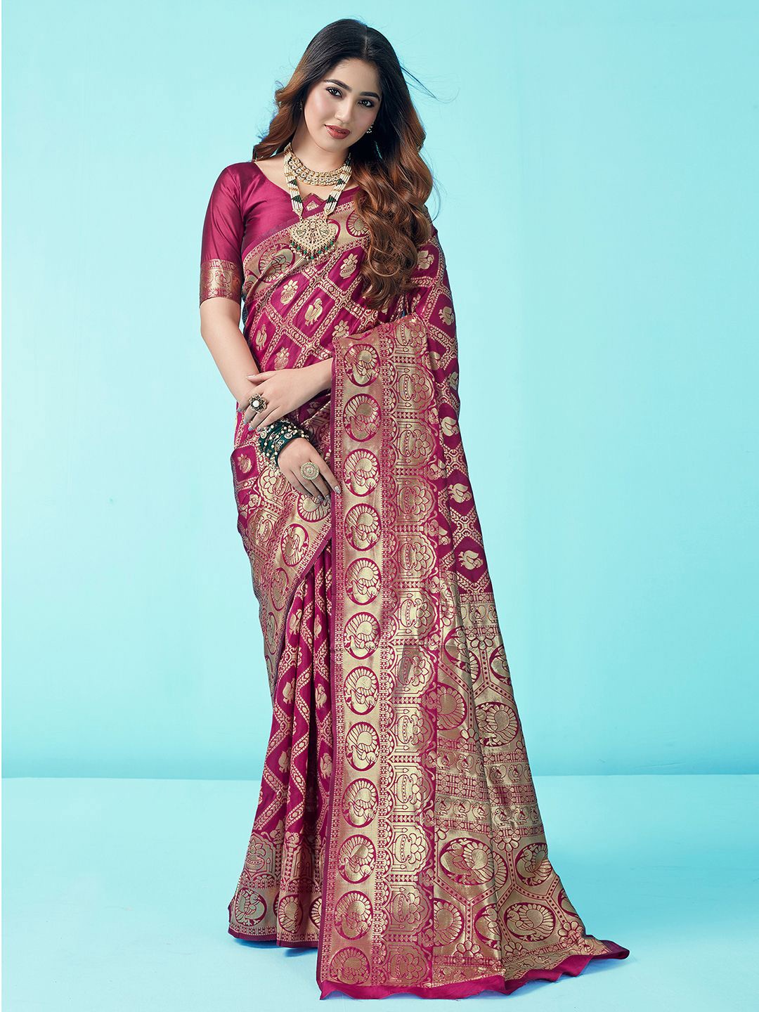 

KALINI Ethnic Motifs Zari Banarasi Saree, Pink