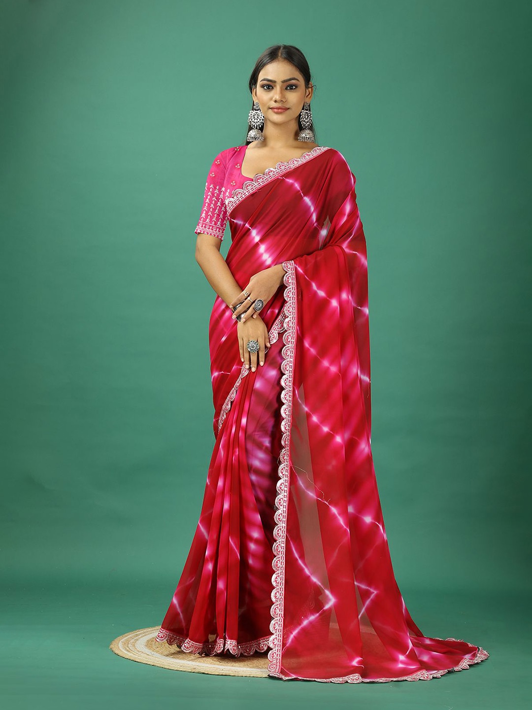 

NIRMAL CREATION Tie and Dye Embroidered Pure Georgette Saree, Pink