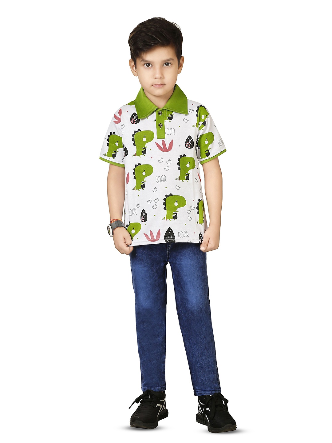 

LUCII Boys Printed Shirt Collar T-shirt With Jeans, Green