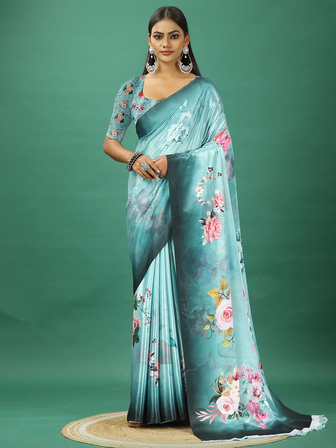 

NIRMAL CREATION Floral Printed Pure Crepe Saree, Blue