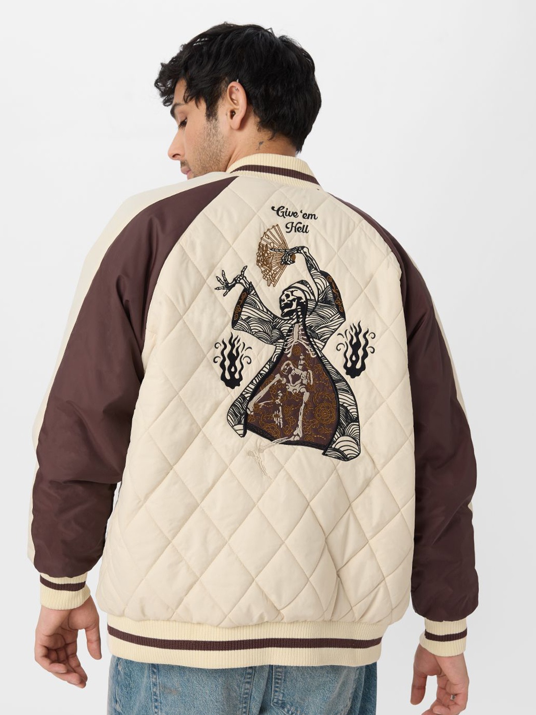 

The Souled Store Men Colourblocked Embroidered Blaze Of Fury Puffer Jacket, Off white