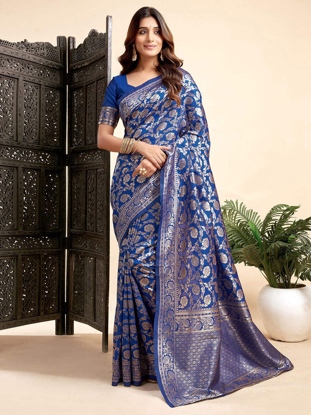 

KALINI Ethnic Motifs Zari Banarasi Saree, Blue