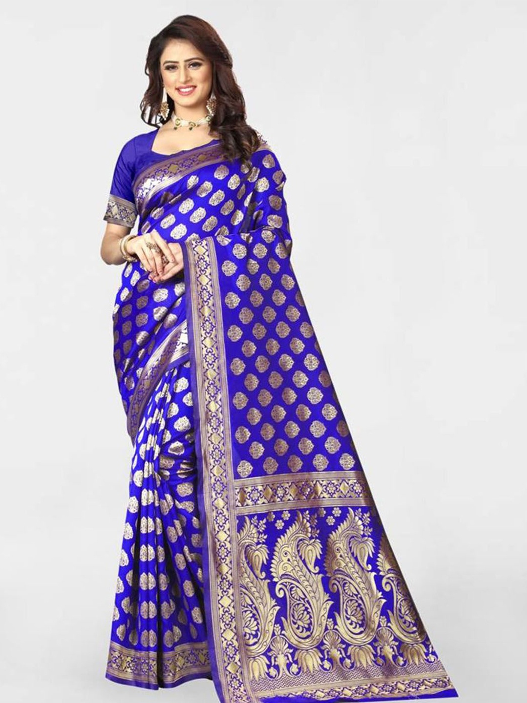 

KALINI Etnic Motif Zari Banarasi Saree, Blue