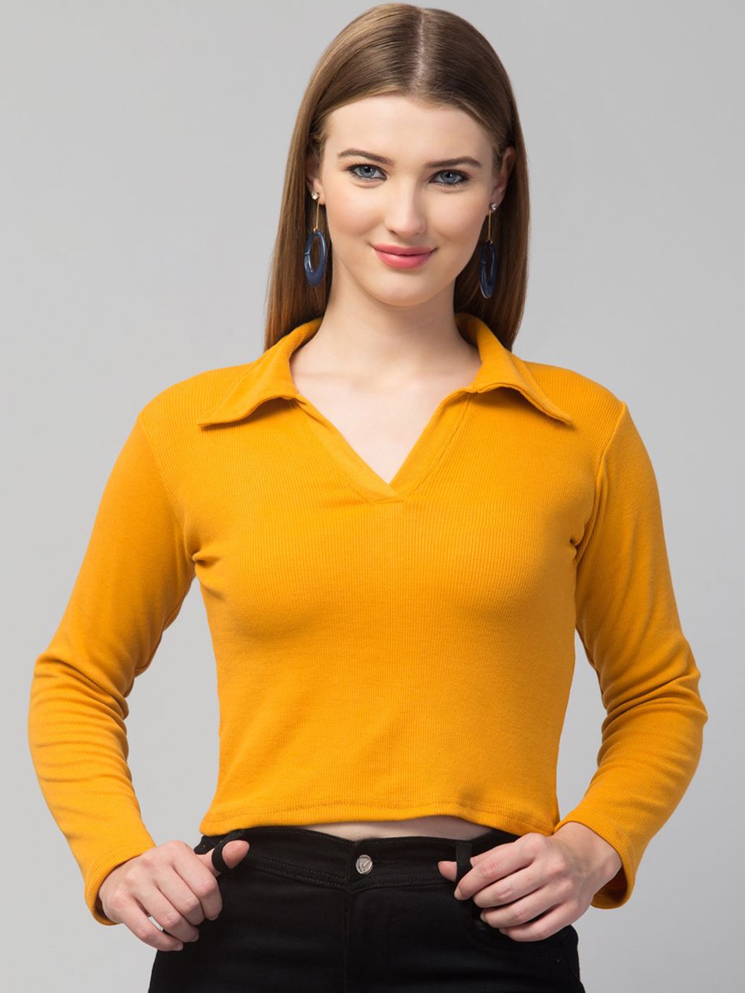 

Trend Level Cotton Ribbed Shirt Collar Crop Top, Mustard