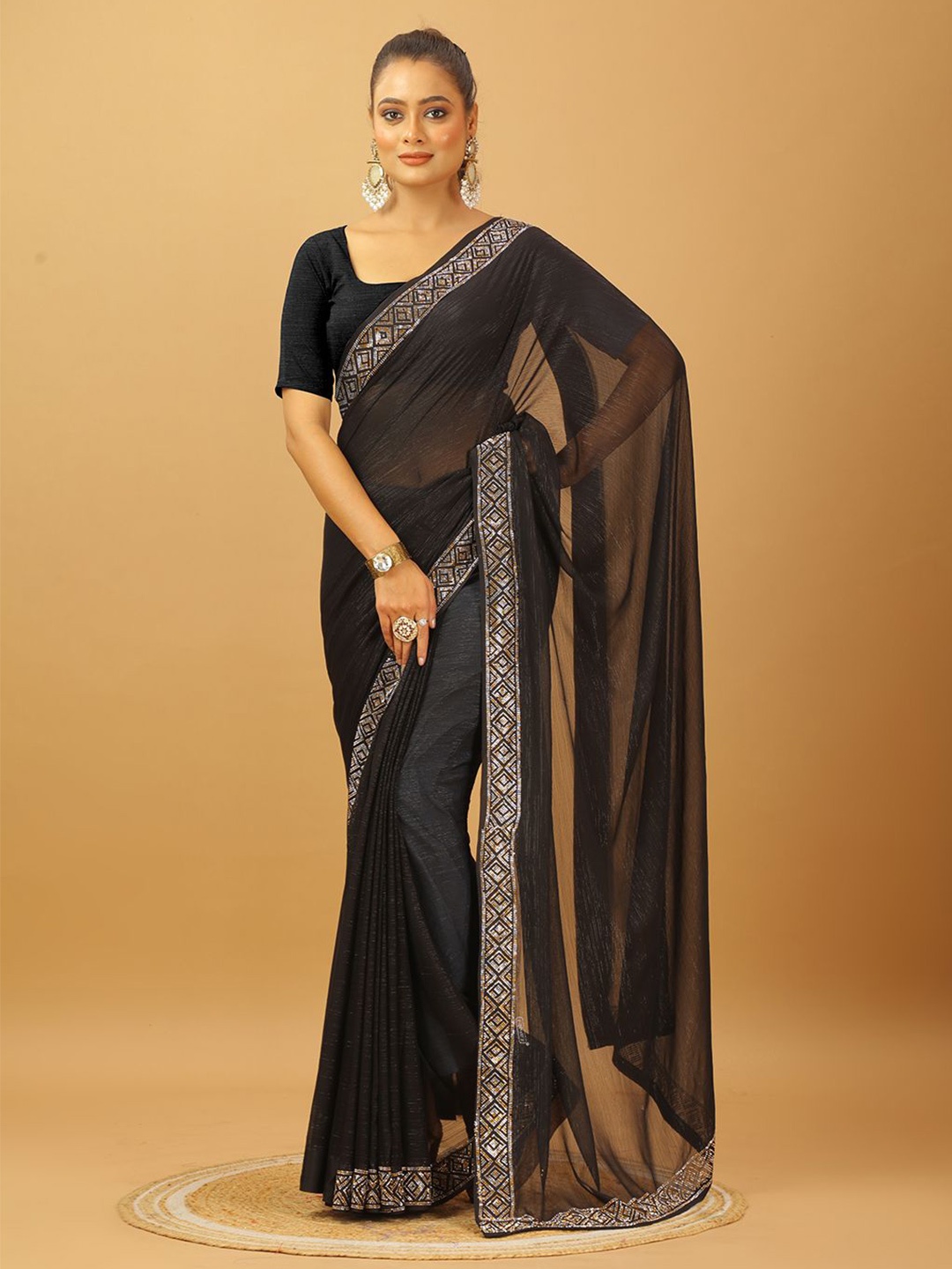 

A.V.M. SILK MILLS Beads and Stones Pure Chiffon Saree, Black