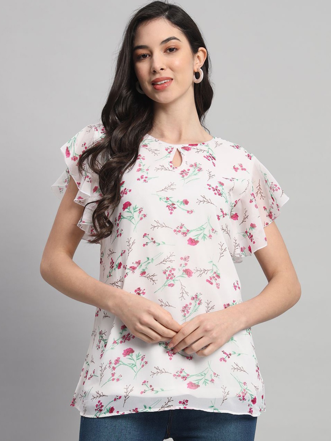 

Curvydrobe Floral Print Keyhole Neck Roll-Up Sleeves Georgette Top, White