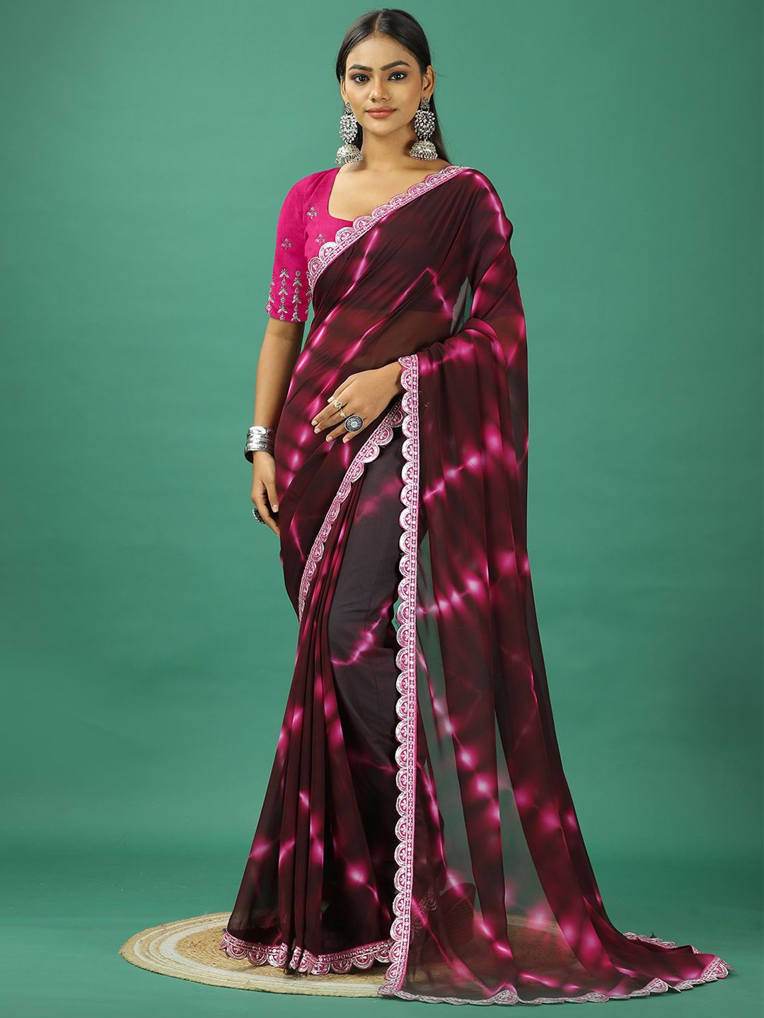 

NIRMAL CREATION Tie and Dye Embroidered Pure Georgette Saree, Purple