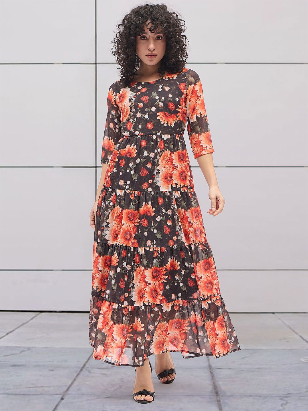 

DressBerry Floral Print Georgette A-Line Maxi Dress, Black