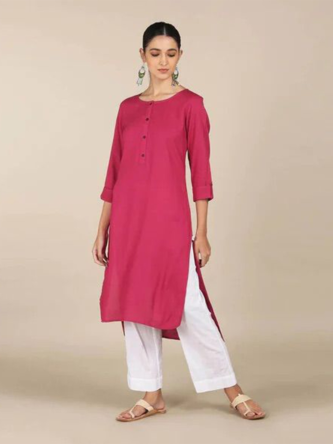 

Moda Rapido Women Roll-Up Sleeves Straight Kurta, Pink