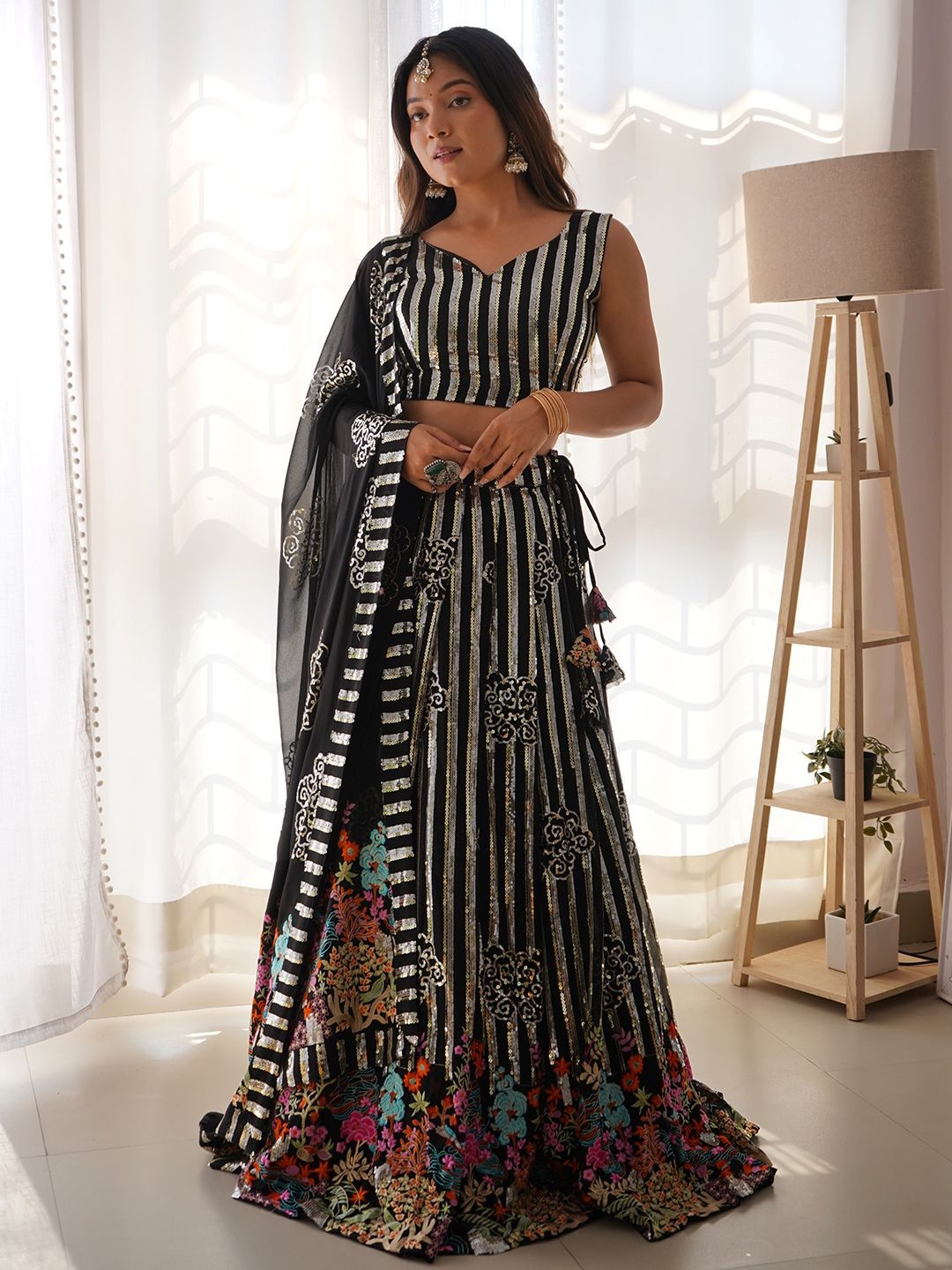 

Panzora Embroidered Sequinned Semi-Stitched Lehenga & Unstitched Blouse With Dupatta, Black