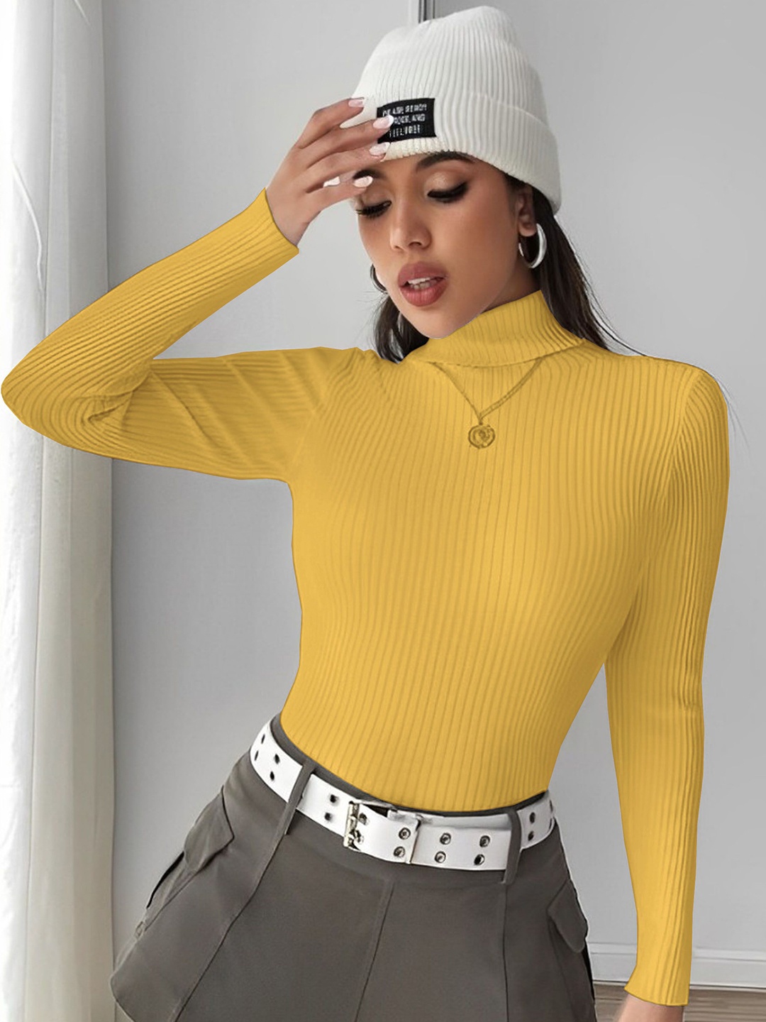 

LECOWAR Cotton High Neck Ribbed Top, Mustard