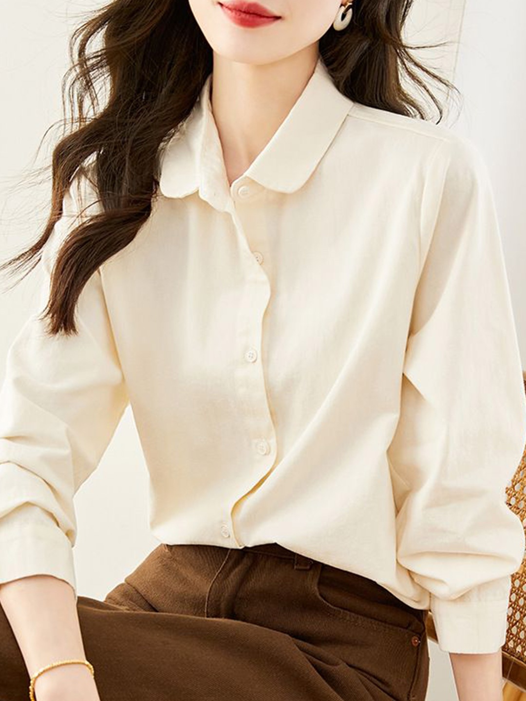 

StyleCast Shirt Collar Long Sleeves Cotton Top, Cream