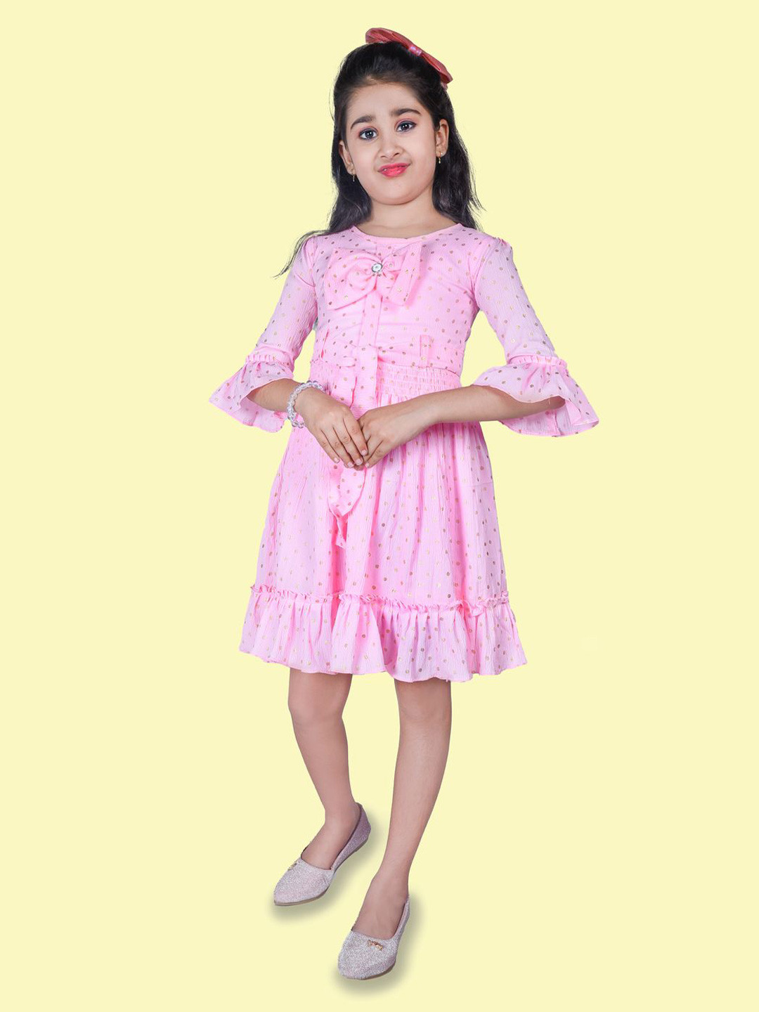 

BAESD Girls Polka Dots Printed Bell Sleeve A-Line Dress, Pink