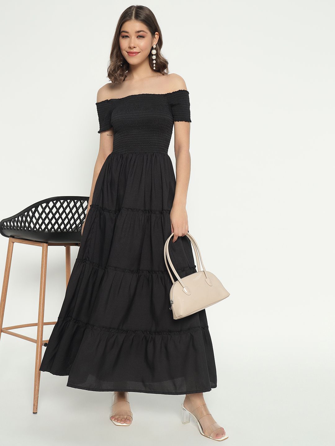 

Krunal Raiyani Off-Shoulder Pleated Tiered Maxi Dress, Black